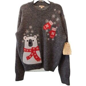One World Gray Silver Sparkle Woman's MED Polar Bear Wool Blend Snow Sweater NWT